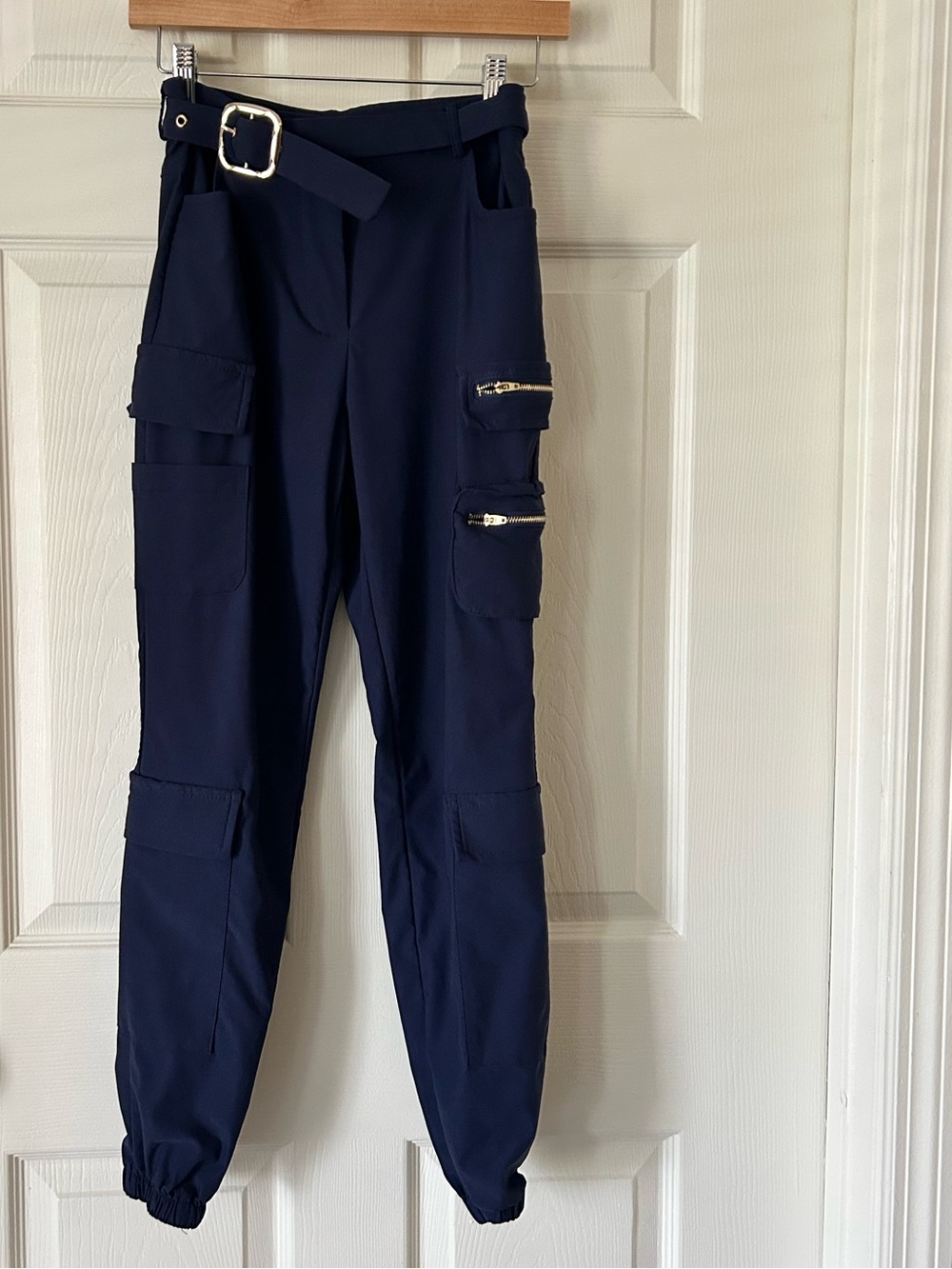 Women's Navy Blue Cargo Jogger Pants with Accent Belt – Size Medium